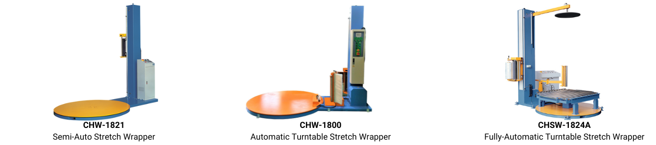 Turntable stretch wrapping machines